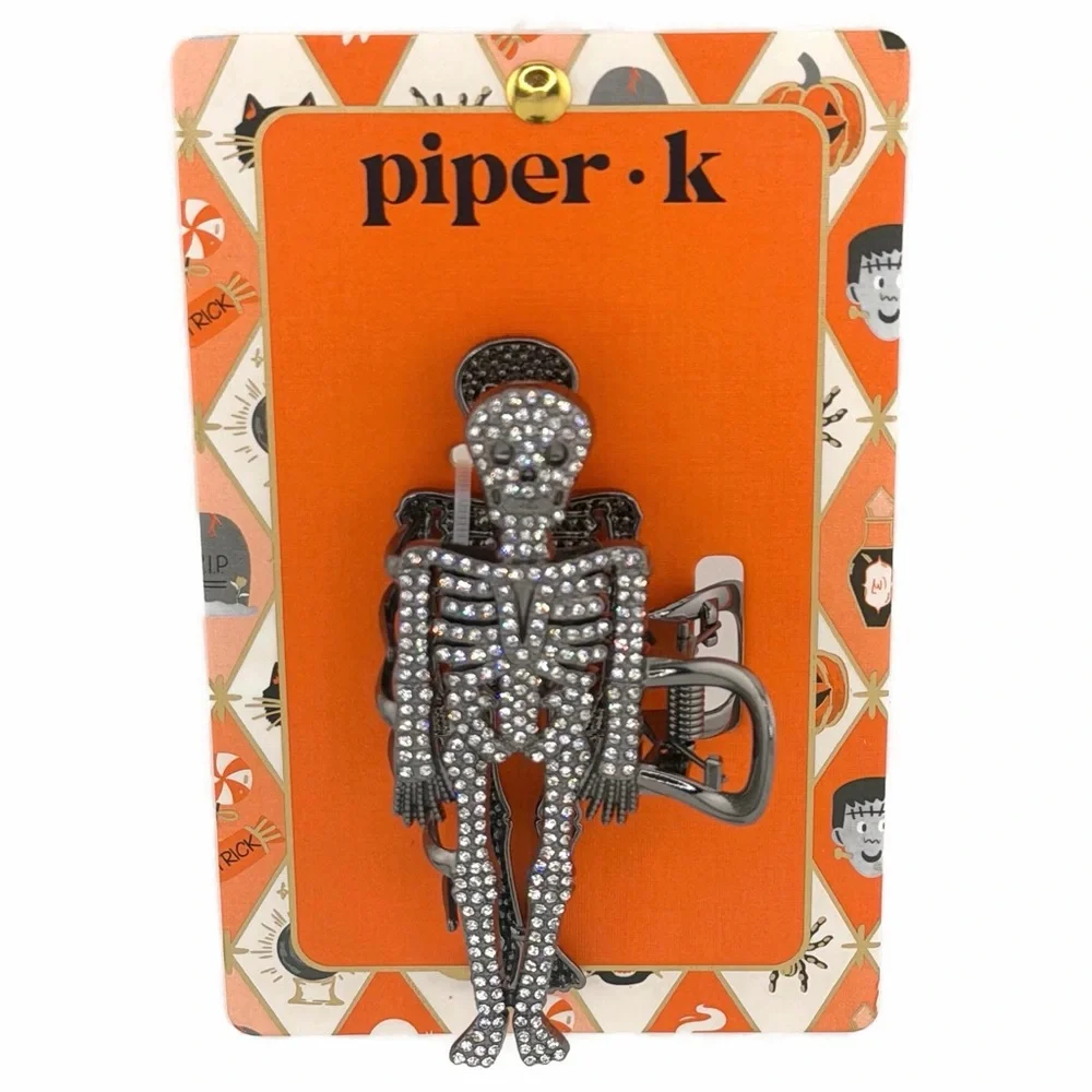 Piper K Halloween Skeleton Hair Claw Clip Silver Tone Rhinestones